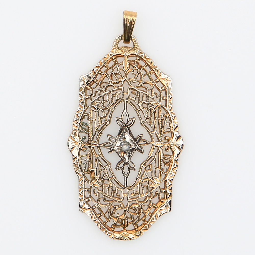 Antique Art Deco 12K GFK Filigree Pendant Diamond Accent 1930s